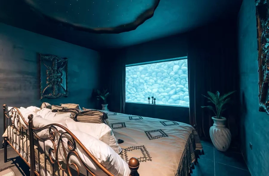 Semi-Private Queen Suite with aquarium window into the cenote pool