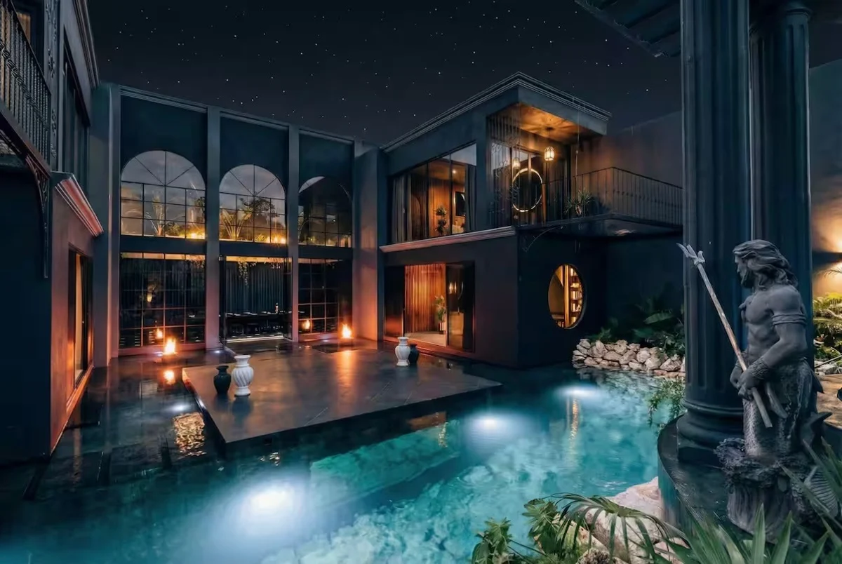 Pool lit up at night